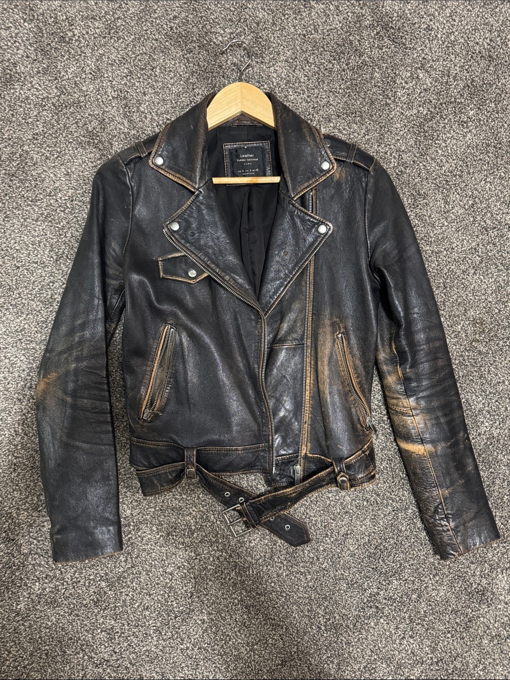 Zara Black Genuine Leather Distressed Biker Jacket with Brown Highlights